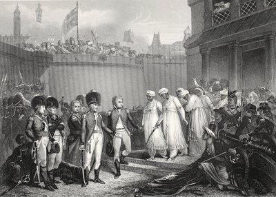 Die Kapitulation der beiden Söhne von Tippoo Sultaun, graviert von A.H. Payne von Henry Singleton